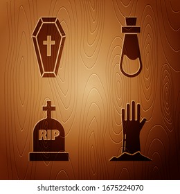 Set Zombie hand , Coffin with christian cross , Tombstone with RIP and Bottle with potion  on wooden background. Vector
