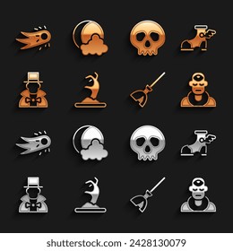 Set Zombie hand, Hermes sandal, Wizard warlock, Witches broom, Magician, Skull, Fireball and Moon stars icon. Vector