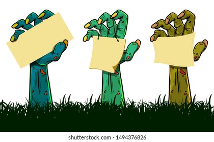 Set of Zombie hand holding blank card paper vector illustration template, Promotion or advertisment design resources
