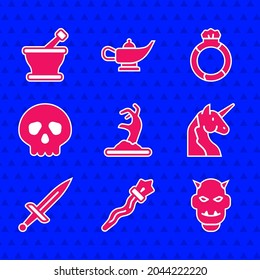 Set Zombie Hand, Magic Staff, Mask Of The Devil With Horns, Unicorn, Dagger, Skull, Stone Ring Gem And Mortar Pestle Icon. Vector