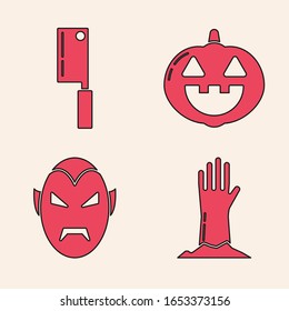 Set Zombie hand , Meat chopper , Pumpkin  and Vampire  icon. Vector
