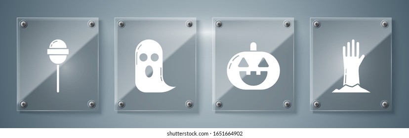 Set Zombie hand , Pumpkin , Ghost  and Lollipop . Square glass panels. Vector