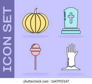 Set Zombie hand , Pumpkin , Lollipop  and Tombstone with cross  icon. Vector