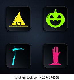 Set Zombie hand , Witch hat , Scythe  and Pumpkin . Black square button. Vector