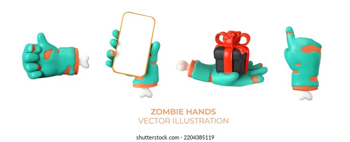 Set of zombie hands in different positions. Realistic 3d design. Various hand gestures isolated on white background. Vector illustration.