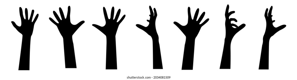 A set of zombie hands from the ground. Collection of silhouettes of human hands from graves. Set of black and white objects for the night of the halloween holiday. Vector illustration