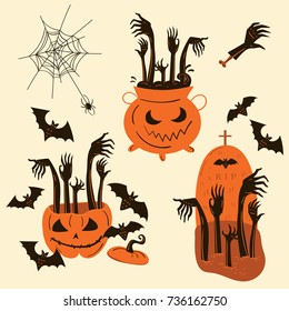 Set of zombie hands in Halloween pumpkin, witch pot and . headstone. Halloween decor and objects. Vector illustration. svg