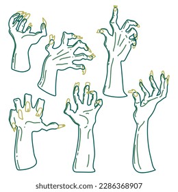 A set of zombie hands in linear style on a white background. An isolated collection of rotten blue hands. Hands from the graves. Printing for Halloween party cards, T-shirts, stickers, mugs Individual