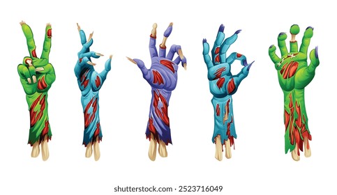 Set of zombie hands making various creepy gestures with ripped skin and torn flesh. Vector cartoon illustration