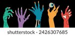 A set of zombie hands on a black background. Isolated collection of multi-colored hands  with damage. Printing for Halloween party cards,T-shirts, stickers, mugs. Vector illustration.Halloween concept