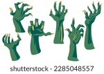 A set of zombie hands on a white background. An isolated collection of rotten blue hands with damage. Hands from the graves. Printing for Halloween party cards, T-shirts, stickers, mugs. Individual