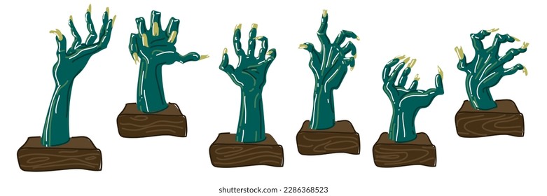 A set of zombie hands in retro style with highlights and wooden stands on a white background. An isolated collection of dead dried blue hands with injuries. Printing postcards for Halloween parties