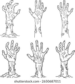 Set of Zombie Hands Rising from Grave Line Art Vector Illustration