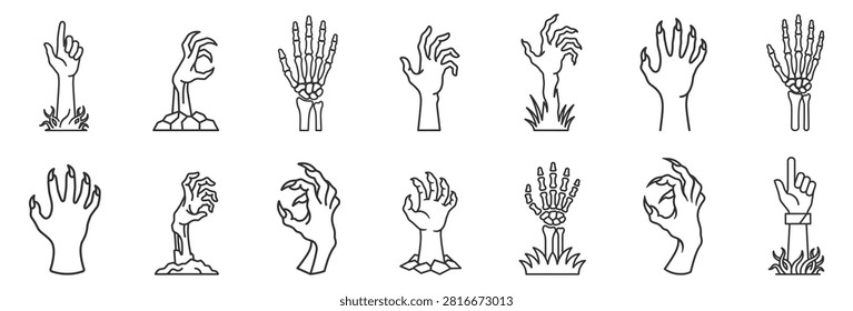 set of zombie hands and skeleton hands line icons on transparent background