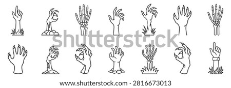 set of zombie hands and skeleton hands line icons on transparent background