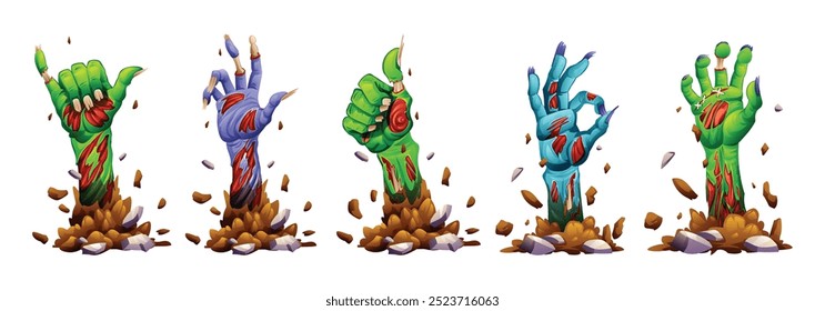 Set of zombie hands with torn skin, emerging from the ground in eerie gestures. Vector cartoon illustration