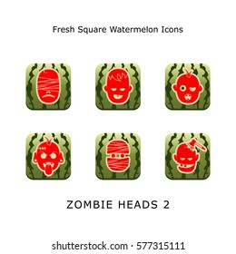 Set Zombie Head 2 Fresh Square Watermelon Icons Web Designers Mobile User Interface Designers