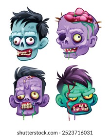 Conjunto de cabezas de zombi con expresiones inquietantes y varias lesiones, incluyendo cerebros expuestos. Vector ilustración de dibujos animados