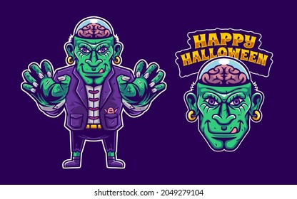 set of zombie illustration with brain exposed