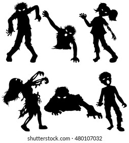 Set of zombie male and female of black silhouettes. Vector illustration