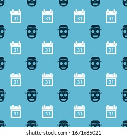 Set Zombie mask  and Calendar with Halloween date 31 october  on seamless pattern. Vector