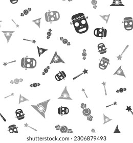 Set Zombie mask , Candy , Magic wand  and Witch hat  on seamless pattern. Vector