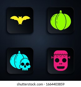Set Zombie mask , Flying bat , Pumpkin and skull  and Pumpkin . Black square button. Vector