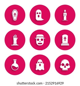 Set Zombie mask, Ghost, Skull, Tombstone with cross, Bottle potion, hand, Burning candle and Coffin christian icon. Vector