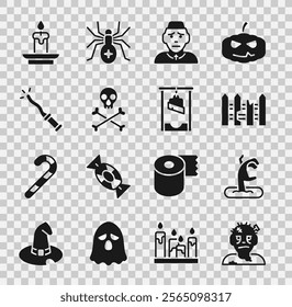 Set Zombie mask, hand, Garden fence wooden, Priest, Skull on crossbones, Magic wand, Burning candle and Guillotine icon. Vector