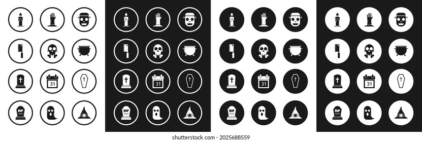 Set Zombie mask, Skull on crossbones, Meat chopper, Burning candle, Halloween witch cauldron, hand, Coffin with christian and Tombstone icon. Vector