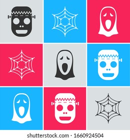 Set Zombie mask , Spider web  and Funny and scary ghost mask for Halloween  icon. Vector