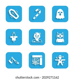 Set Zombie mask, Spider web, Voodoo doll, Owl bird, Wooden axe, Scarecrow, Ghost and Coffin with cross icon. Vector