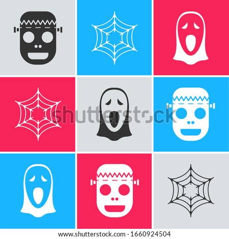 Set Zombie mask , Spider web  and Funny and scary ghost mask for Halloween  icon. Vector