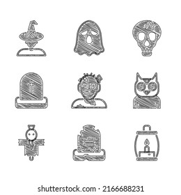 Set Zombie mask, Tombstone with RIP written, Camping lantern, Owl bird, Scarecrow, Skull and Witch icon. Vector