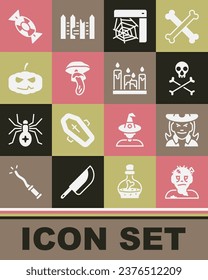 Set Zombie mask, Witch, Skull on crossbones, Spider web, Psilocybin mushroom, Pumpkin, Candy and Burning candle icon. Vector