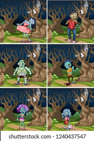 Set of zombie at night illustration