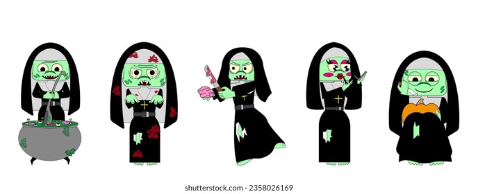 Set of  zombie nun. Halloween costume.Vector illustration. All elements are isolated	