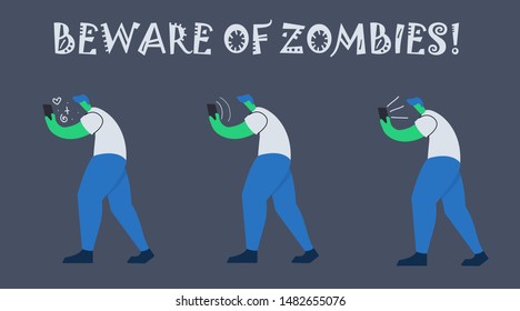 Set of zombies with smartphones. Handdrawn vector illustration in flat style