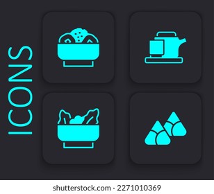 Set Zongzi in bamboo steamer, Chow mein plate, Traditional ceremony and Wonton icon. Black square button. Vector