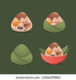 A set of Zongzi set for the Dragon Boat Festival, a traditional Asian festival, glutinous rice food wrapped with bamboo leaves, delicious fillings and sauces