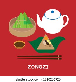 Set Zongzi flat vector illustration,rice dumplings on bamboo leaves ,Chinese food design