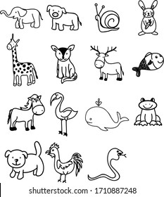 A Set of zoo animal, creature, mammals, insects, fish and wildlife cartoon drawing and graphic image useful for doodle or illustration and poster