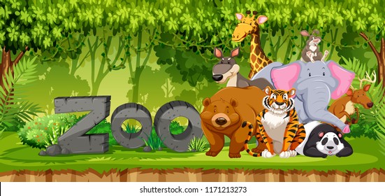 Set of zoo animals in jungle illustration