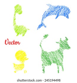 Set of zoo animals. Pastel crayon effect. Vector. isolated.