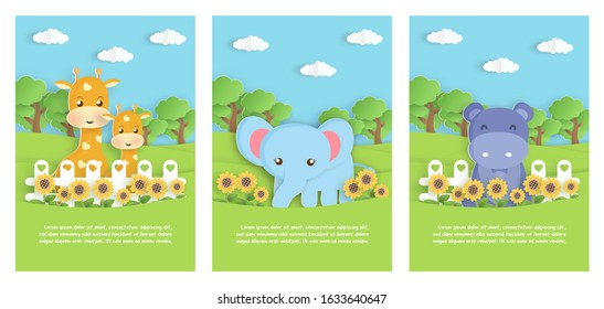 Set of zoo animals template cards with elephant ,hippopotamus and giraffe in paper card style for birthday card , baby shower card . 
 .
