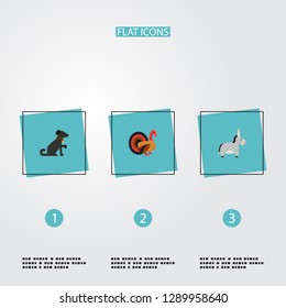 Set of zoo icons flat style symbols with dog, donkey, turkey and other icons for your web mobile app logo design.