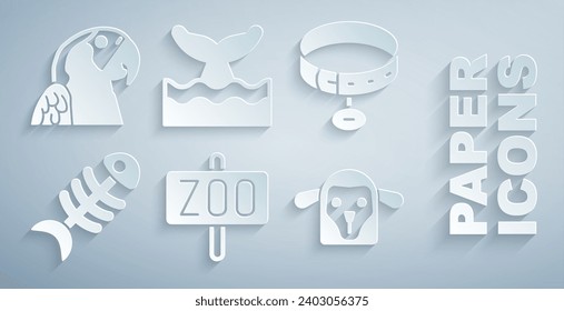 Set Zoo park, Collar with name tag, Fish skeleton, Sheep head, Whale tail in ocean wave and Macaw parrot icon. Vector