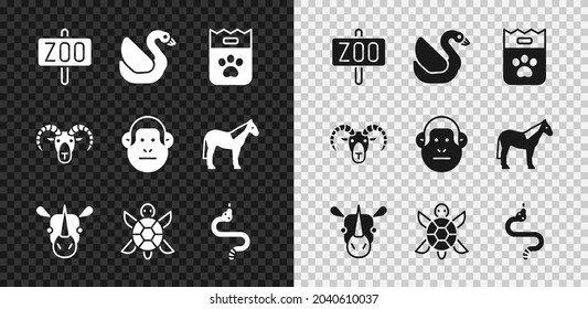 Set Zoo park, Swan bird, Bag of food, Rhinoceros, Turtle, Snake, Head goat or ram and Monkey icon. Vector