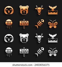 Set Zoo park, Whale tail in ocean wave, Butterfly, Fish skeleton, Jellyfish, Cow head, Owl bird and Bear icon. Vector