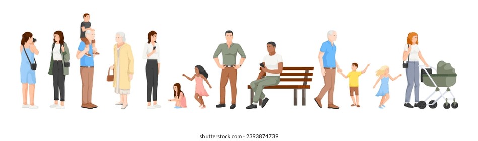 Set of zoo visitors in row. Cartoon characters, adult man and woman, happy children. Male is sitting on bench, female is walking with baby stroller. Vector illustration. Isolated on white background